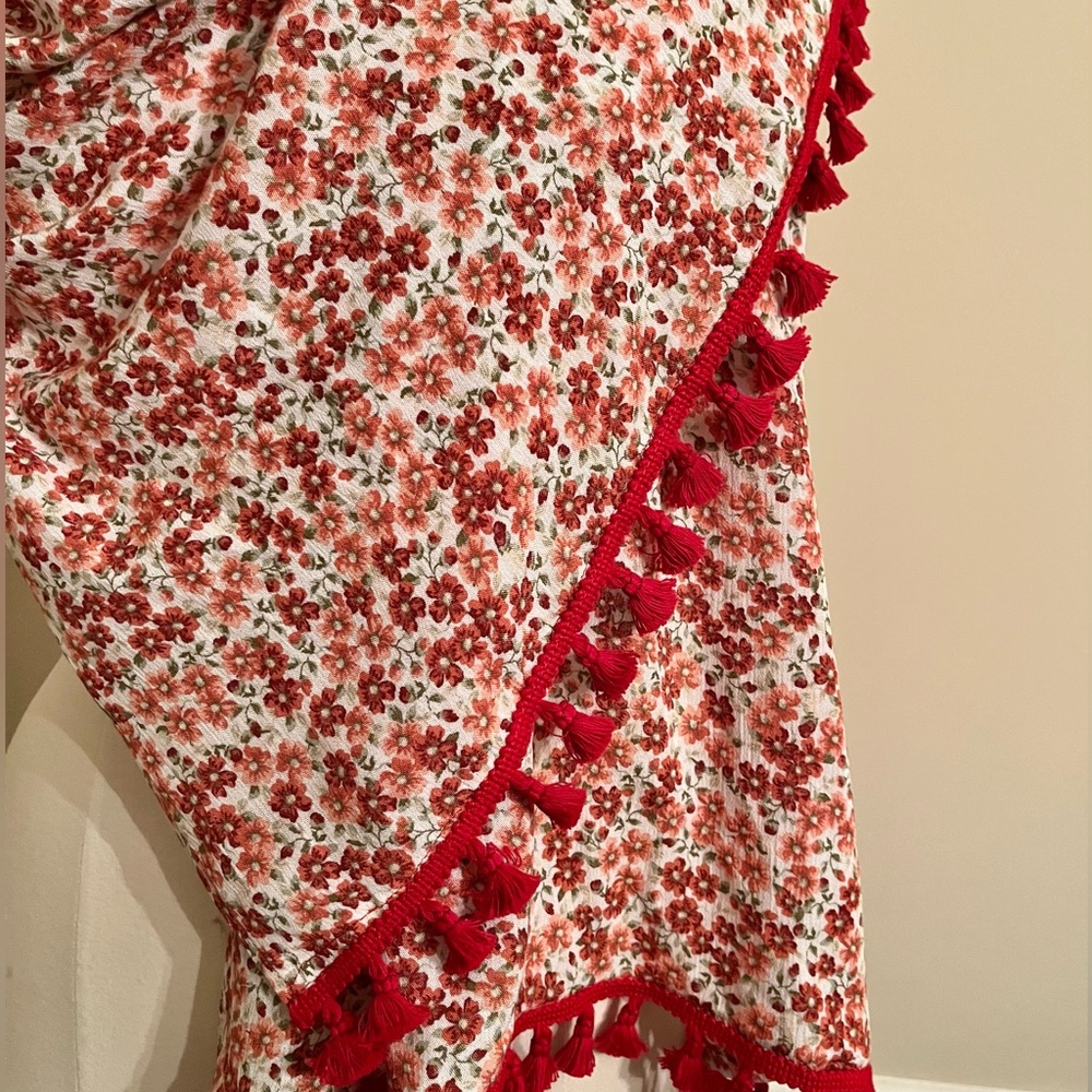 Handcrafted Floral Print Scarf in Light Pink Red and Green with Red Trim - Picture 7 of 8